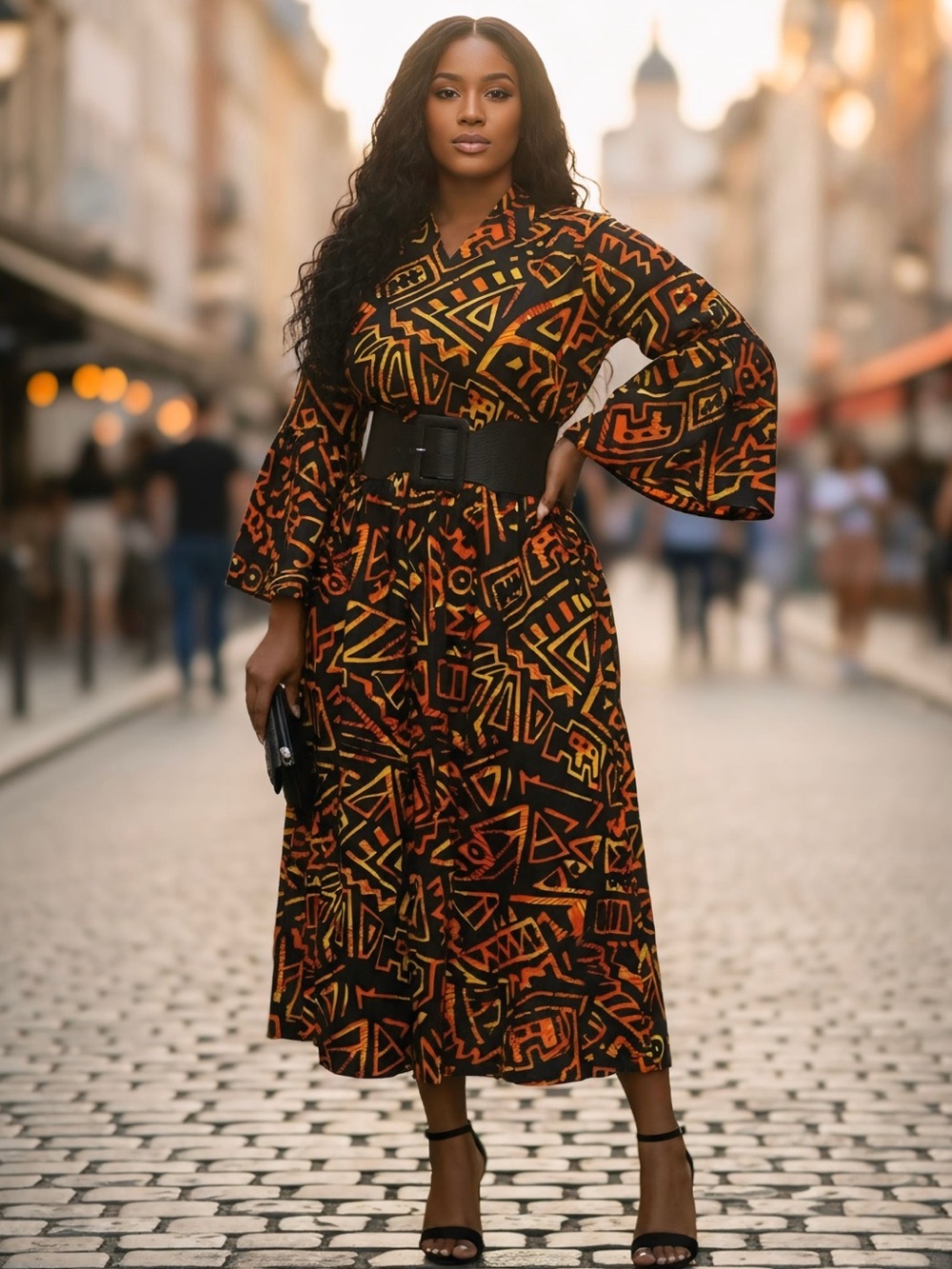 Stylish Black & Orange Geometric Midi Dress